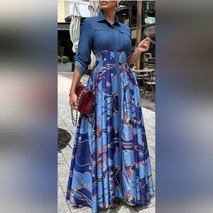 NWOT - Loragal Denim Patchwork A-Line Floral Print Pleated Blouse Maxi Dresses